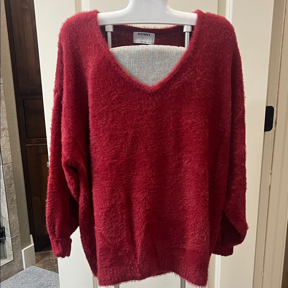 Old Navy Women's Fuzzy V-Neck Sweater in Deep Red